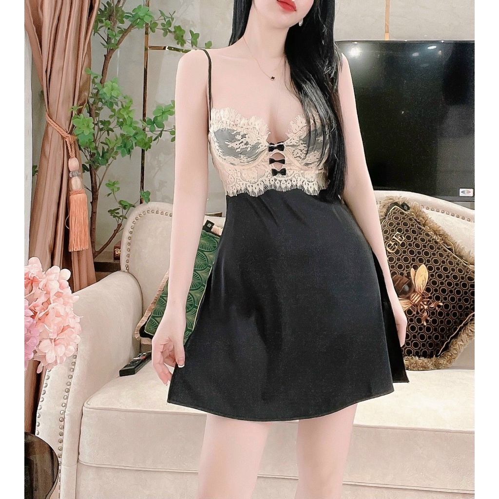 Váy ngủ có gọng ngực sexy lụa phối ren cao cấp Đầm mặc nhà gợi cảm quyến rũ