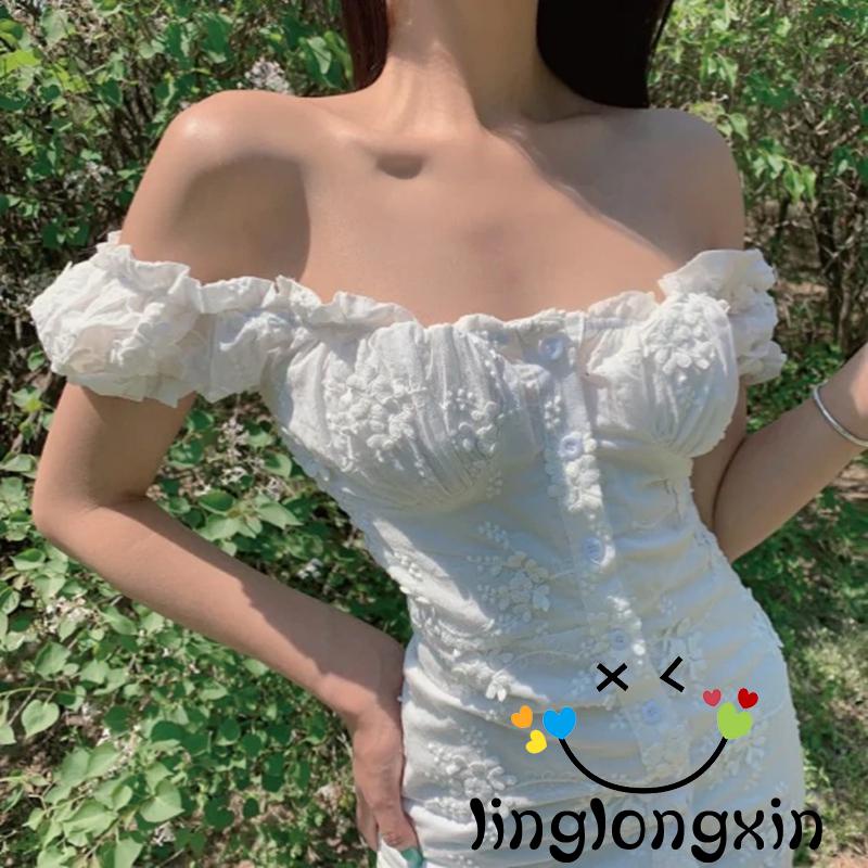 ♔LC✥Embroidered Floral Button Sheath Dress Elegant Lady Deep V Neck Off Shoulder White Mini Dress Chic Women