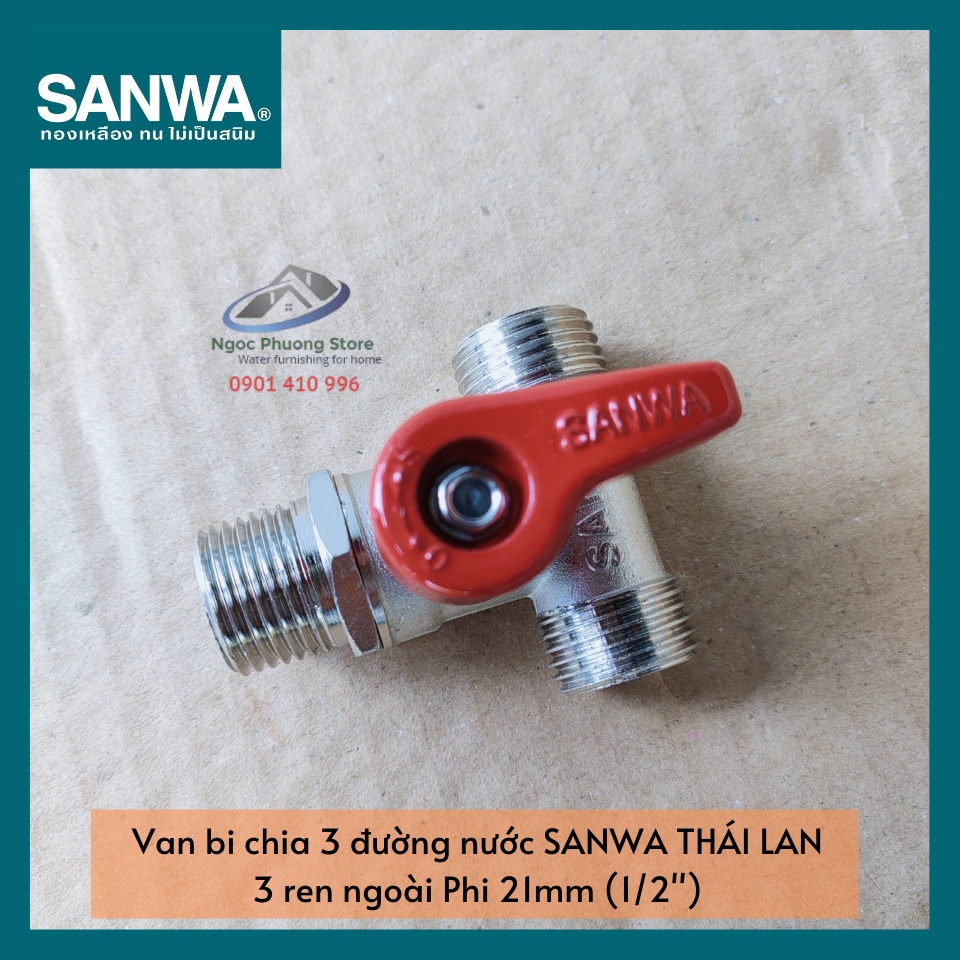 Van khóa, van bi Sanwa Thái Lan chia 3 đường nước, 3 đầu ren ngoài 1/2"  BV15MMM