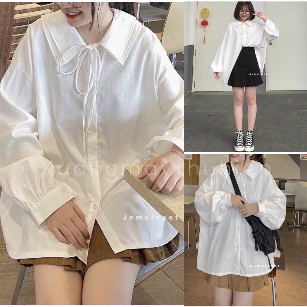 Áo sơ mi trắng cổ PETET buộc nơ tay bồng thanh lịch/ Áo sơ mi nữ form rộng unisex_xuongmaythuhien