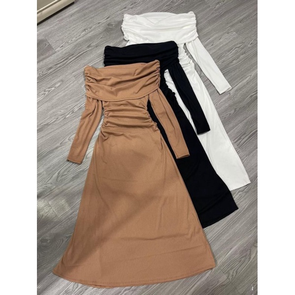 Đầm body trễ vai tay dài nhún eo siêu xinh, mẫu mới