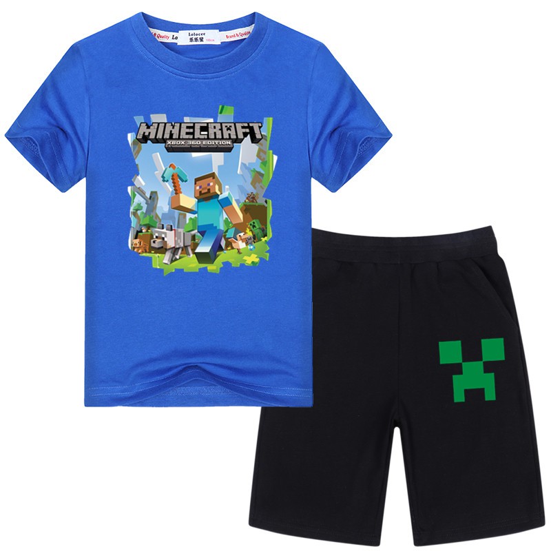 Bộ Đồ Bé Trai 2 Món Gồm Áo Thun + Quần Short Phong Cách Minecraft