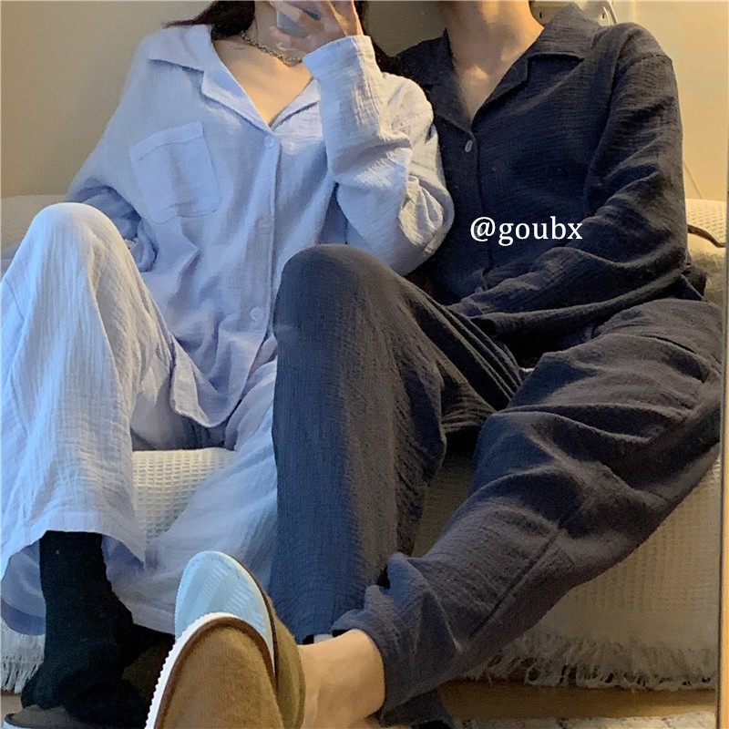 ( Sẵn Xanh Đậm ) Bộ đồ ngủ pyjama trơn màu cặp đôi nam nữ AK1963