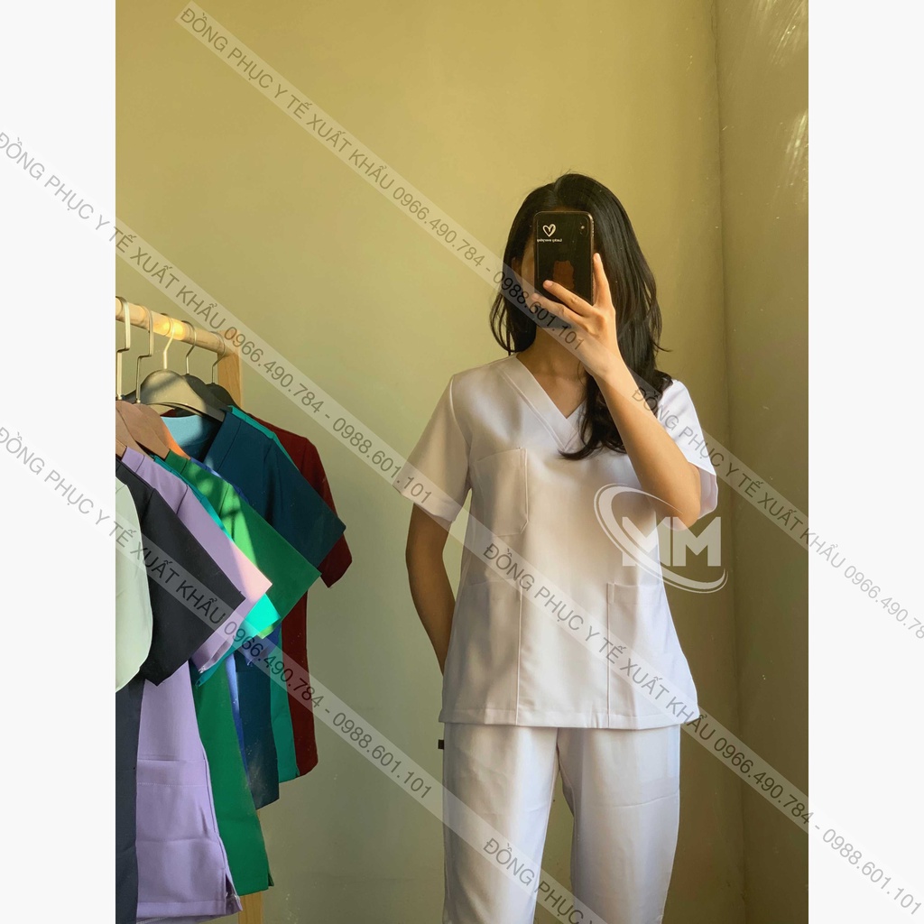 Bộ scrubs Màu Trắng, Bộ quần áo Blouse bác sỹ, phẫu thuật, thẩm mỹ, Spa, Đông Phục Y Tế Cao Cấp