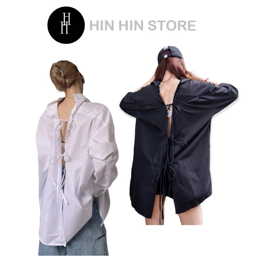 Áo sơ mi rộng tày dài cột dây lưng màu trắng & đen nữ HAF37 - Hỉn Hỉn Store