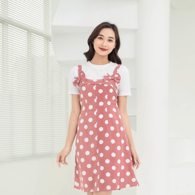 Đầm Nữ NHẬT VY Chấm Bi Phối Nơ Chất Lụa Đi Chơi Dáng Suông Màu Đen, Hồng, Đỏ KHÔNG KÈM ÁO - D1870