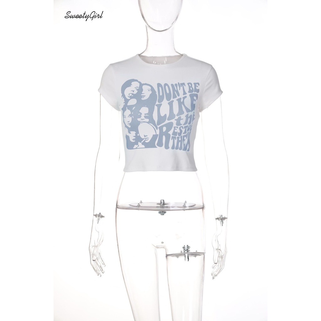 Áo Thun Croptop Tay Ngắn Cổ Tròn In Chữ Màu Xanh Dương Thời Trang 2022 Quyến Rũ Cho Nữ