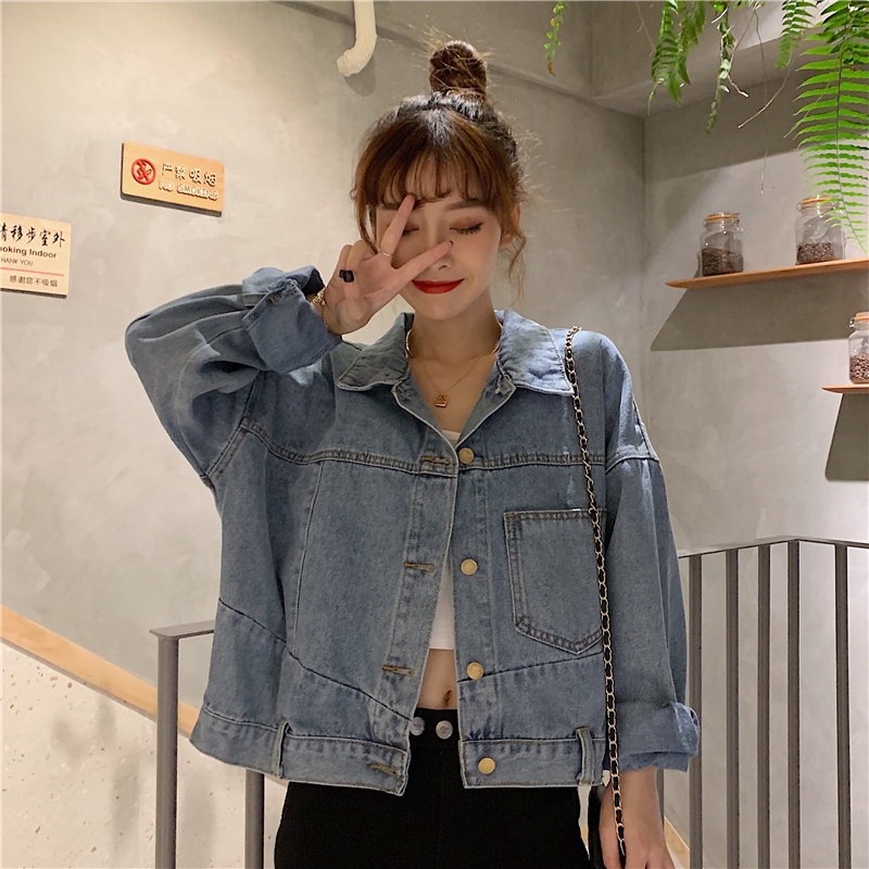 Early Korean blue short loose retro denim jacket for women