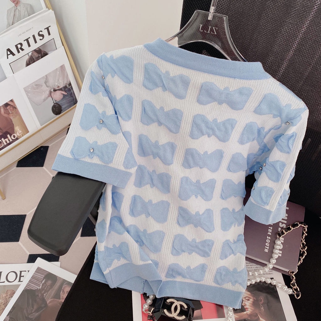 Áo kiểu Pure Cube tay ngắn chất lượng cao phối họa tiết nơ ngọt ngào đáng yêu cho nữ