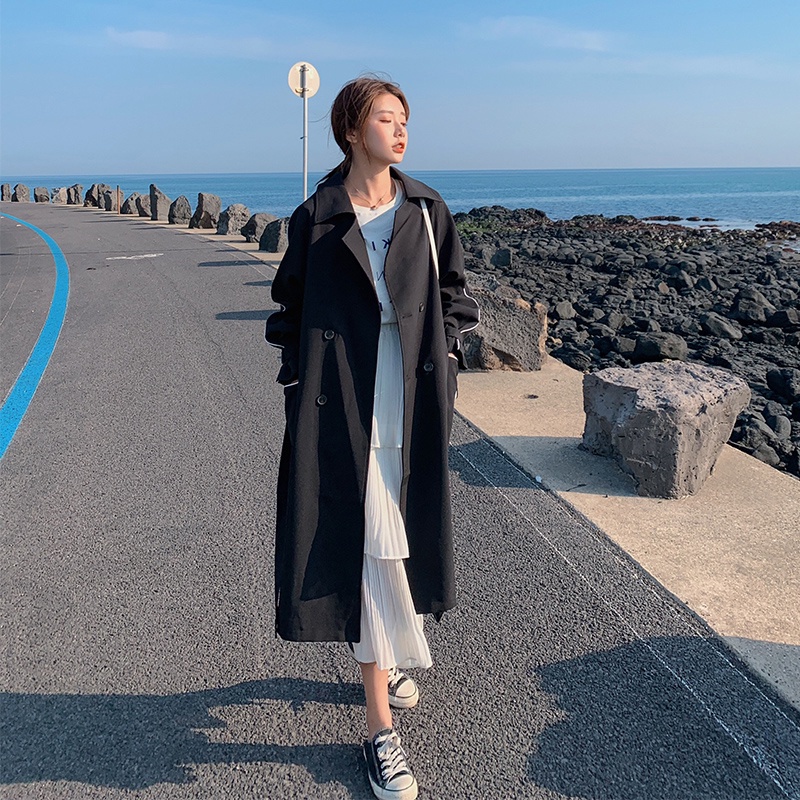 Áo Khoác Gió Dáng Dài Màu Đen Thời Trang Xuân Thu Dành Cho Nam Nữ 2021