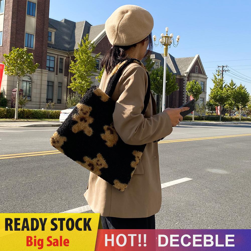 Deceble Bear Printed Handbag Women Plush Shoulder Top-handle Bag Big Capacity Tote