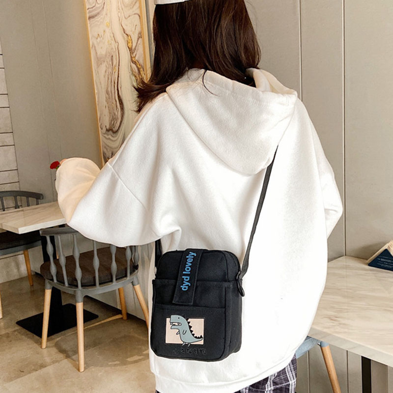Túi đeo một bên vai IELGY vải canvas dáng vuông nhỏ màu vàng in hoạt hình kiểu Hàn Quốc dễ phối đồ