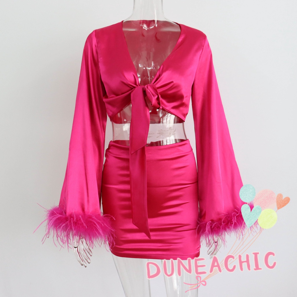 DUNEA Áo cổ chữ V phối lông vũ/ Chân váy/ Quần dài xẻ tà thời trang quyến rũ dành cho nữ