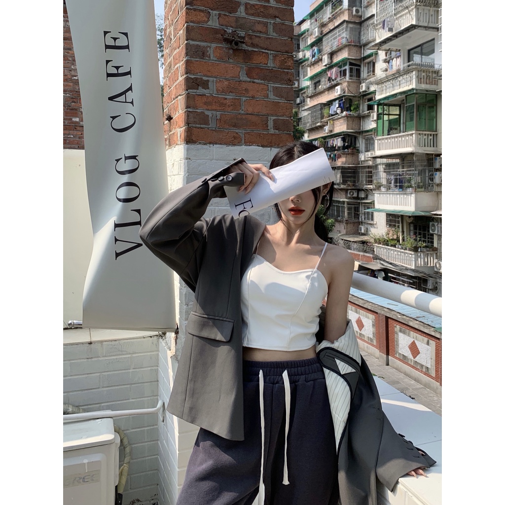 Áo hai dây croptop da ba màu lưng chun cá tính