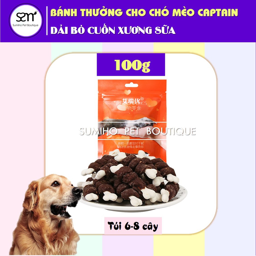 [Mã PETWOW giảm 8% đơn 250K] Bánh thưởng cho chó Captain (Bò cuốn xương sữa) (100gr/6-8 cây nhỏ)