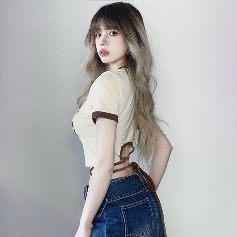 Áo Croptop Crt Trắng Viền Nâu Thiết Kế Đan Dây Eo Dáng Ôm In Hình Kèm Ảnh Thật