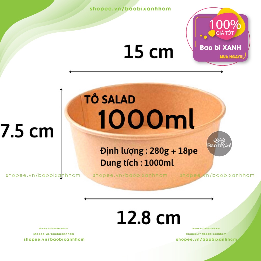 Tô giấy kraft đựng salad 750ml kèm nắp nhựa PET (50 cái) | Tô kraft 1000ml đựng bánh bông lan