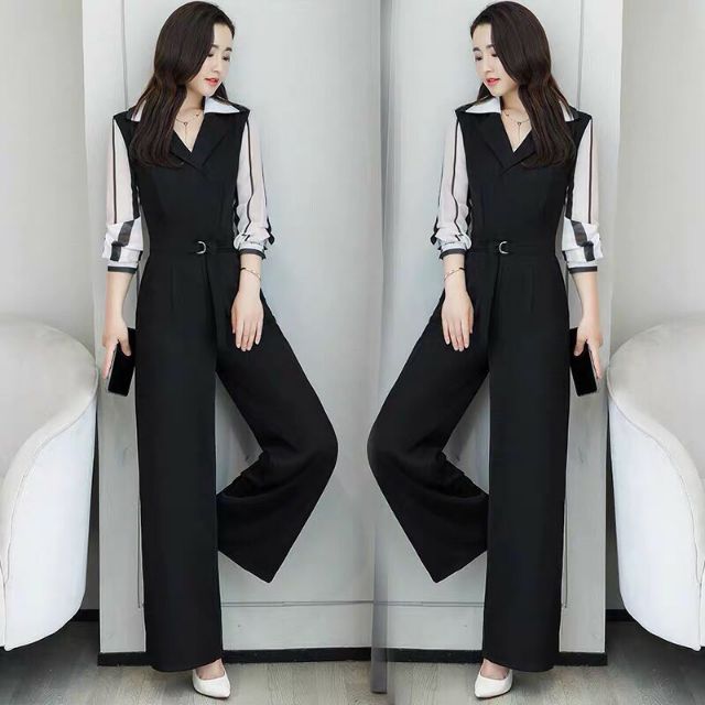 Hàng nhập - Jumpsuit dài cổ vest tay kẻ sọc, bộ gium ống rộng trẻ trung sành điệu