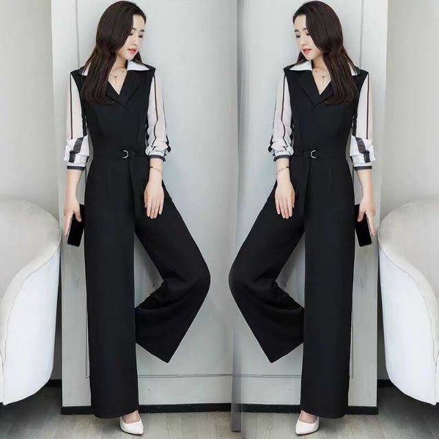 Hàng nhập - Jumpsuit dài cổ vest tay kẻ sọc