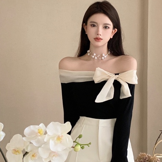 Áo Thun Tay Dài Hở Vai Dáng Ôm Co Giãn Phong Cách Hàn Quốc Quyến Rũ