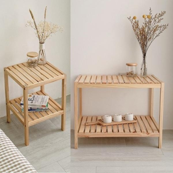 Combo kệ giày gỗ 2 tầng và kệ gỗ đầu giường decor phòng ngủ tiết kiệm, chất liệu gỗ thông tự nhiên đã xử lý mối mọt