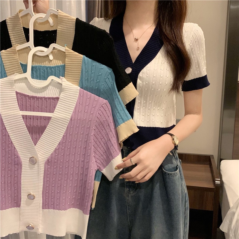 Nữ mùa hè áo len ngắn tay dệt kim cổ chữ V đầy màu sắc [Quảng Châu] | WebRaoVat - webraovat.net.vn
