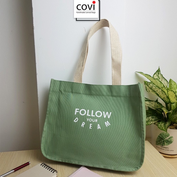 Túi Tote Vải Canvas Hàn Quốc Phối Chữ Follow Màu Đen, Vàng, Xanh Thương Hiệu COVI- T46