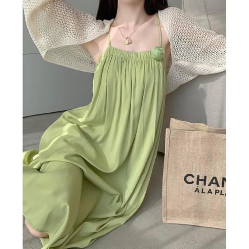 Set đầm maxi kiểu dài nữ hai dây suông voan rũ và áo khoác tay dài cánh dơi len lỗ - Order taobao quảng châu