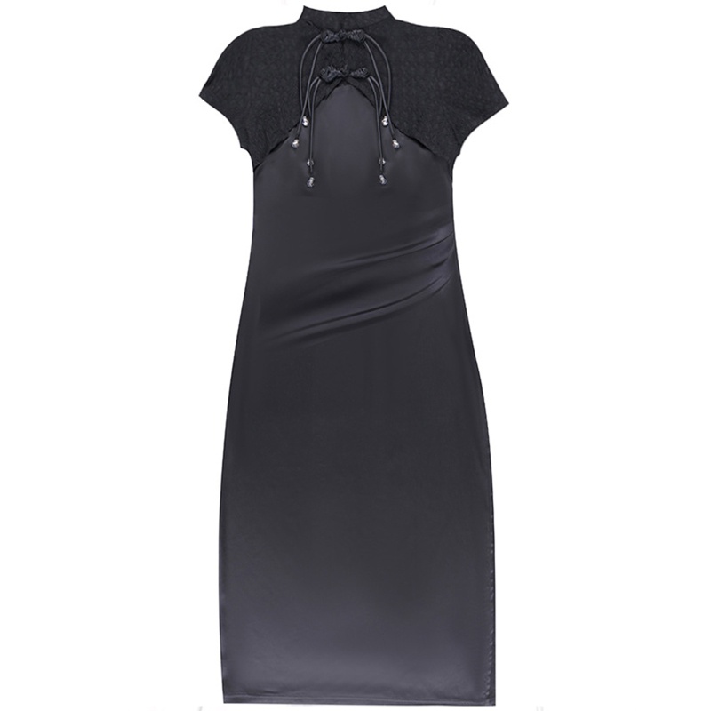 Set Đầm 2 Món Sát Nách Màu Đen Xẻ Tà Phối Tua Rua Và Áo Khoác Ren Tay Ngắn Thời Trang Cho Nữ