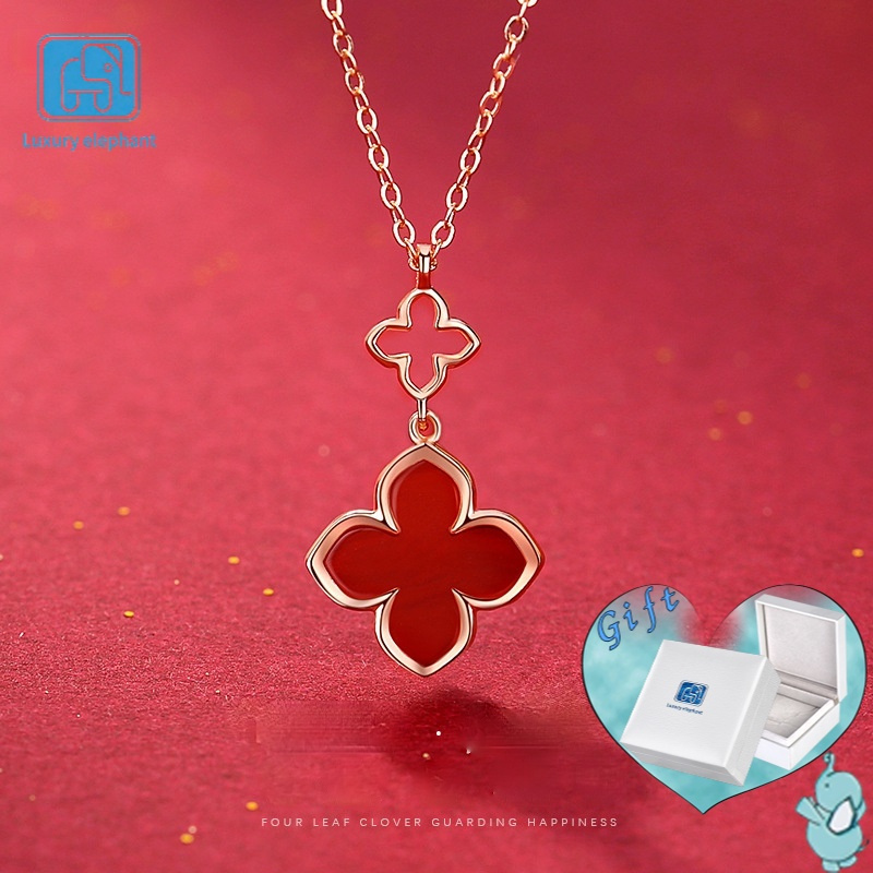 Luxury elephant Women Necklace Agate Clover Pendant Sen Department All-match Geometry Simplicity 925 Silver Necklaces for Jewelry Collection Accessories Friend Family Gift Anniversary Birthday