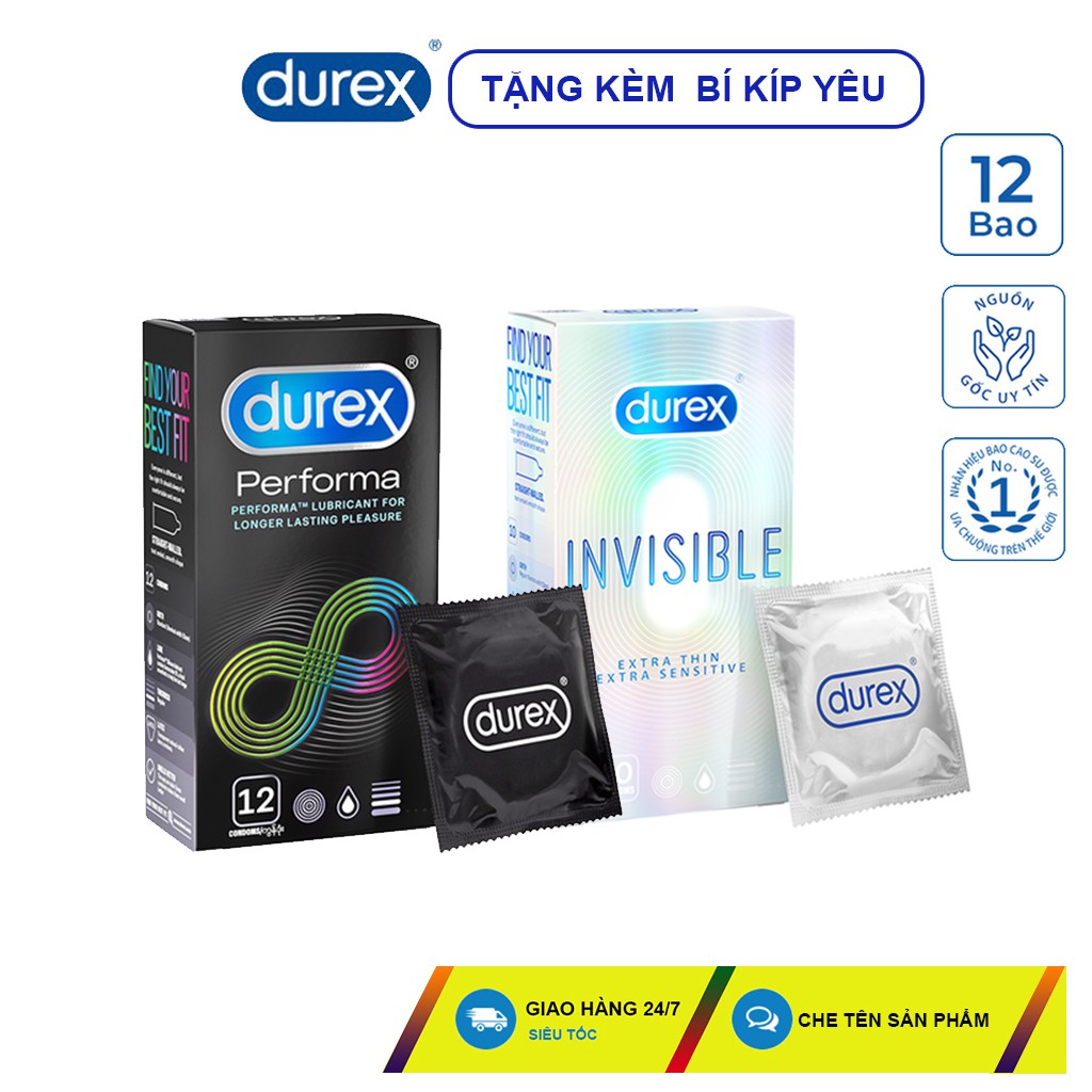 Bộ 2 bao cao su siêu mỏng Durex Invisible 10 bao và Durex Performa 12 bao. Tặng kèm hôp 3 bao cao su durex.