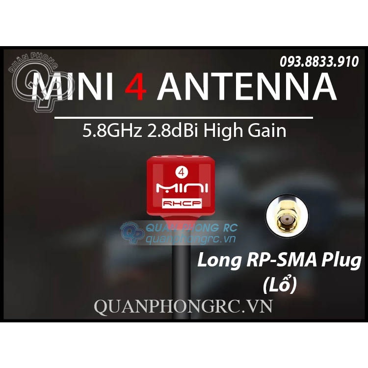 Anten Mini 4 5.8GHz RHCP Antenna Long SMA Kim, Long RP-SMA Lổ, MMCX 90 Độ, SMA Plug - Kim