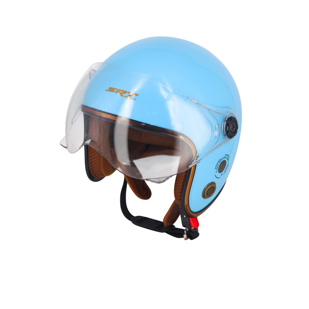 Mũ bảo hiểm 3/4 kính SRT viền đồng - xanh ngọc bóng - thông gió