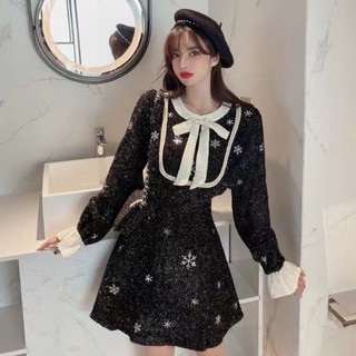 (order) VÁY XOÈ KIM TUYẾN BLINGBLING PHỐI NƠ TRẮNG ĐEN THU ĐÔNG 2020