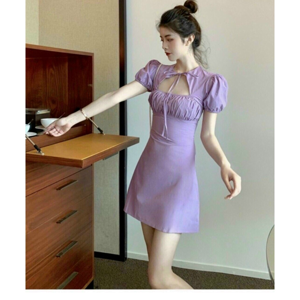 Đầm váy tay phồng kết nơ nhún ngực (có mút), màu sắc sang chảnh (Đen, Trắng, Tím) thời trang nữ