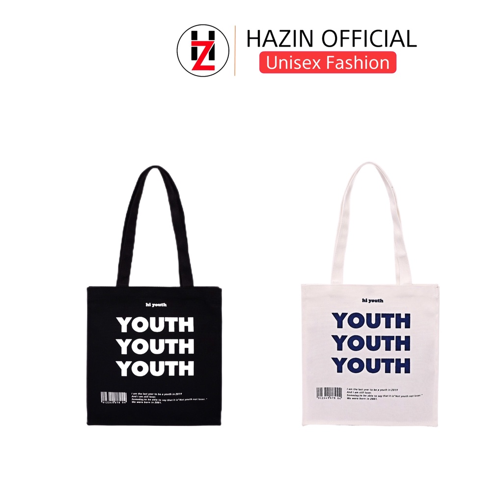 Túi tote HAZIN vải canvas ulzzang unisex họa tiết chữ Youth có túi nhỏ bên trong HZ06