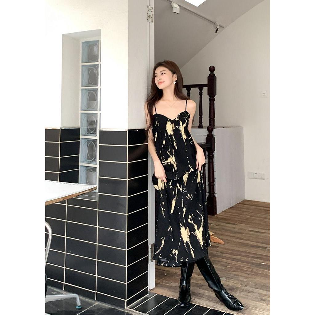 63551 Mùa Hè Phong Cách Mới In Váy Hai Dây Màu Đen