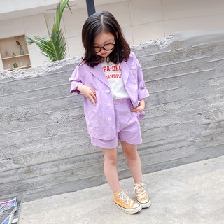Bộ 2 món gồm áo khoác Blazer cổ vạt màu tím + quần short đáng yêu cho bé gái