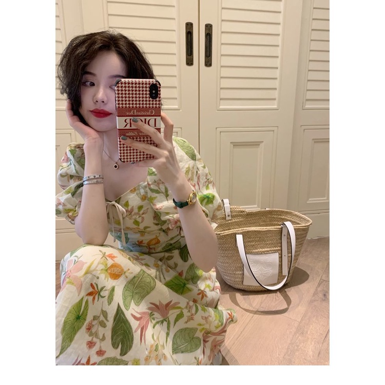 Đầm Dài Tay Phồng In Hoa Thời Trang Hàn Quốc