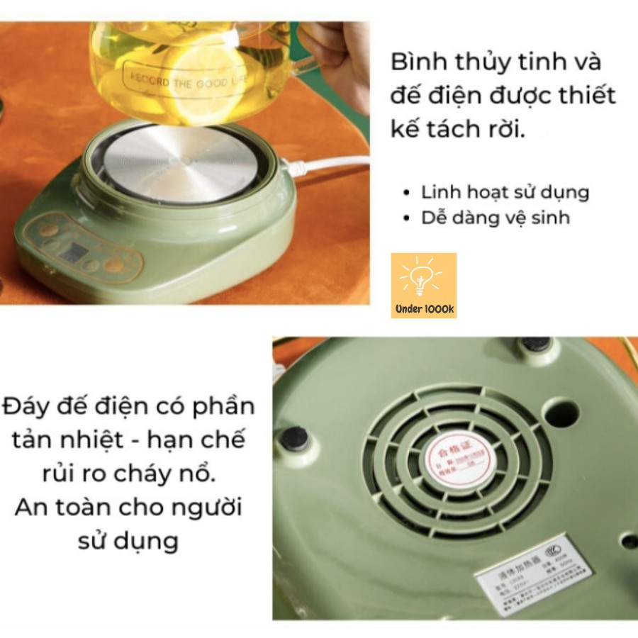 Bình trà - bình trà thủy tinh - kèm đế điện thông minh pha trà hoa cúc, trà dưỡng nhan cực tiện lợi