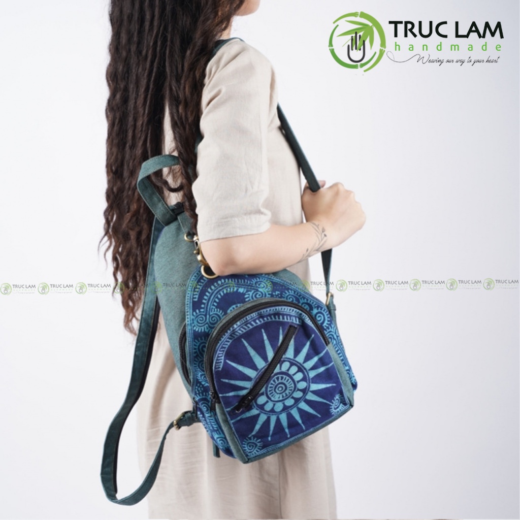 Balo Thời Trang Quai Đeo Đa Dụng Vải Thổ Cẩm Họa Tiết Vẽ Tay Sáp Ong Phối Vải Gai Dày S025 - Trúc Lâm Handmade