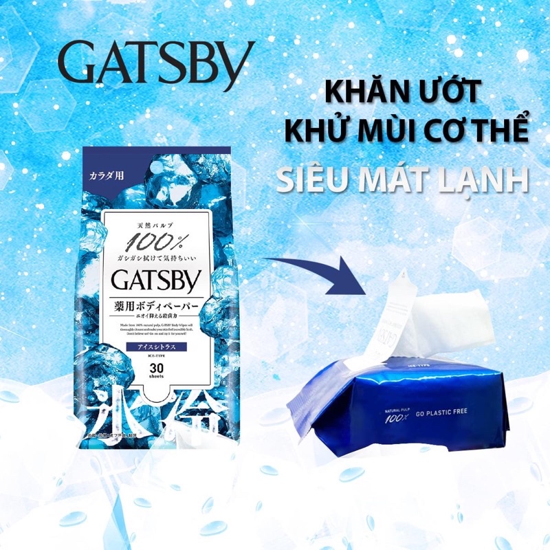 Khăn giấy ướt Gatsby Ice Citrus có cồn diệt vi khuẩn gây mùi hôi cơ thể mát lạnh sảng khoái tỉnh táo sau khi nhậu xỉn