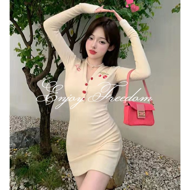 Enjoy Freedom Đầm Ngắn Ôm Eo Cổ Chữ V Thêu Hình Quả Cherry Phong Cách Vintage Dành Cho Nữ