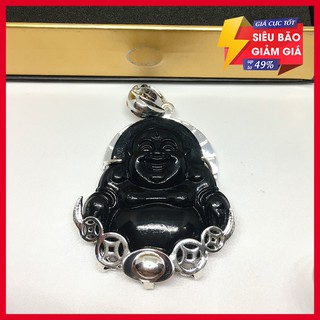 Mặt Phật di lạc đen phong thủy bọc bạc cao cấp + tặng vòng tay tỳ hưu