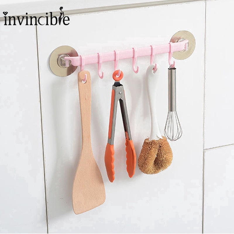 Double Suction Cup Towel Rack with 6 Hooks/ Plastic Adjustable Shelf Adhesive Hook/ Multifunctional Rotatable Nail Free Storage Rack