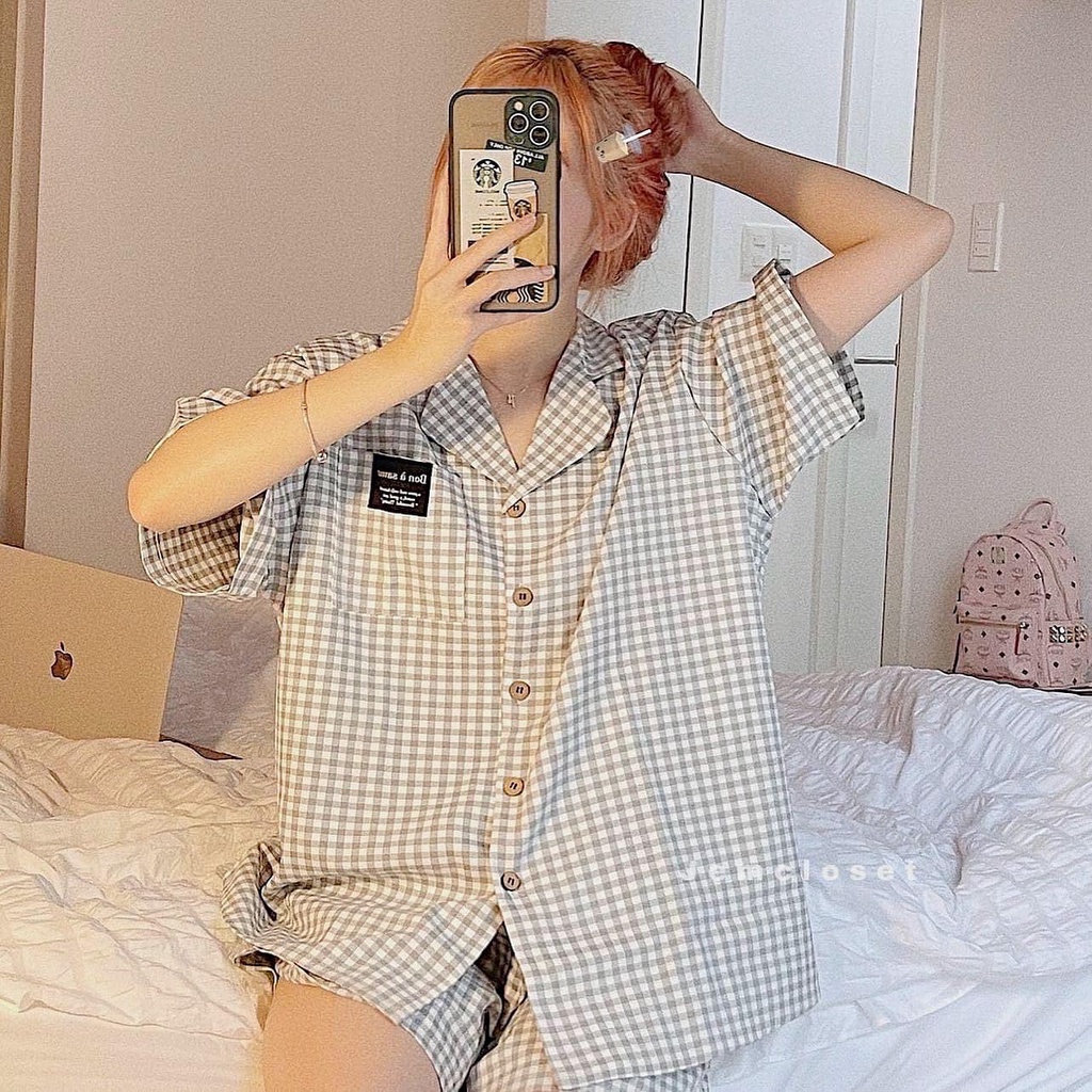 Bộ quần short áo sơ mi kẻ caro GUAR , set bộ đi chơi nữ form rộng thoải mái 8131