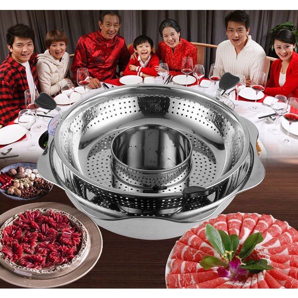 Nồi lẩu điện Inox xoay 2 tầng 32cm dùng được bếp từ, ga đa năng Hàn Quốc thiết kế thông minh tiện lợi MUNTECH