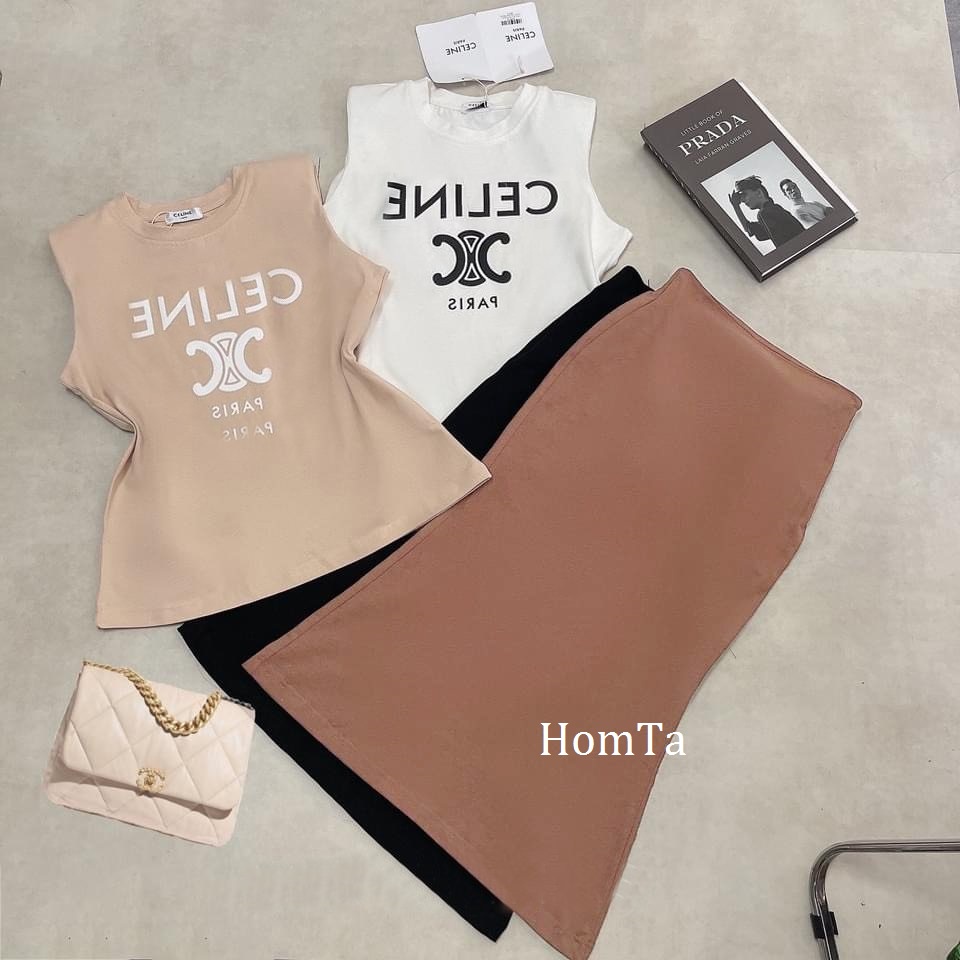 Set Áo Kèm Chân Váy In Chữ Ce line Kèm Hình Thật
