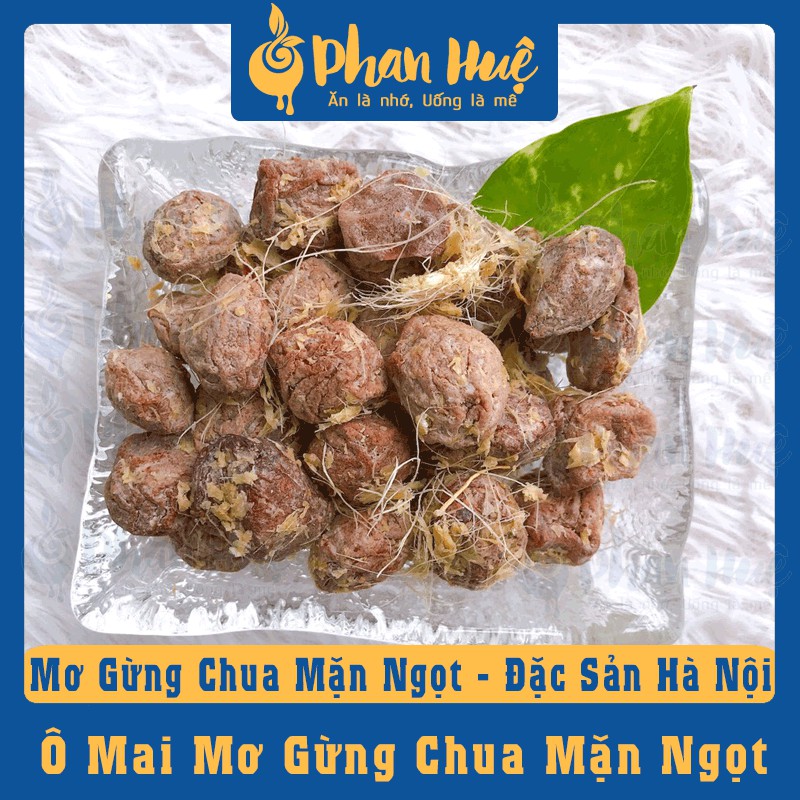 Ô mai xí muội mơ gừng chua mặn ngọt Phan Huệ hộp 500g. Vị gừng chua mặn ngọt. Ngậm ho, giảm rát họng. Đặc sản Hà Nội.