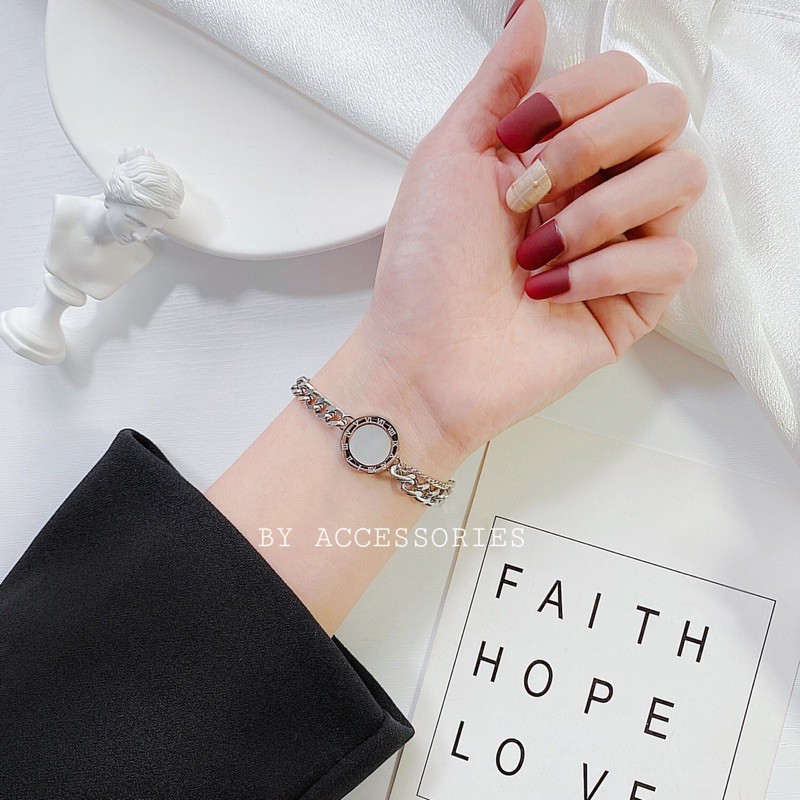 Lắc tay titan xích vát cạnh phối mặt tròn khắc số la mã cẩm xà cừ không gỉ